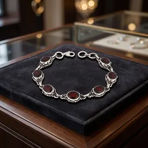 Bohemian style 925 Silver Red Garnet Bracelet Bezel Set <b>Chain</b> Link Unisex Everyday Wear - Product Image 4