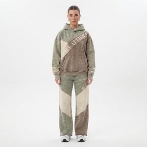 Ensemble sweat à capuche oversize et pantalon de survêtement large en molleton de coton délavé color block pour femme, style streetwear, OEM ODM - Product Image 1