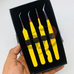 Pinzas de pestañas de acero inoxidable japonesas profesionales amarillo sostenible con punta de volumen de arco iris herramienta de extensión de pestañas de belleza - Product Image 4