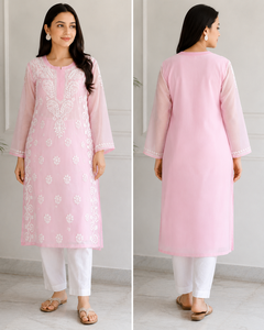 Premium Pink <b>Chikankari</b> Embroidered Georgette Kurti for Women – Elegant Ethnic Wear with Floral Embroidery - Product Image 2