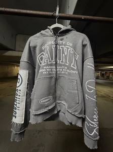 Sweat-shirt à capuche zippé Saint en coton gris, style streetwear, ourlet fendu, unisexe adulte, automne, manches longues, avec poches - Product Image 1