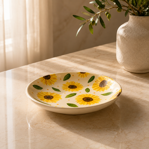 Assiette à pâtes en céramique artisanale avec motif tournesol éclatant, bord large et élégance artistique pour la table - Product Image 1