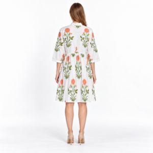 Robe blanche à imprimé floral pour femmes, col en v, manches trois quarts, ligne a, longueur aux genoux, robe décontractée de printemps - Product Image 3