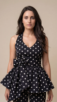 Ensemble coordonné élégant pour femme, noir à pois, col halter, en crêpe, décontracté d'été, haut et bas, tissu léger et fluide, fournisseur