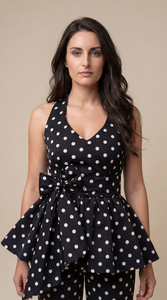 Elegante Conjunto Coordinado de Verano para Mujer con Estampado de Puntos Negros, Top y Pantalón de Crepé Ligero y Fluido, Proveedor - Product Image 6