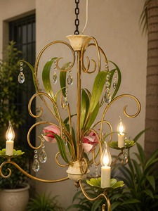 Elegant Gold Metal <b>Chandelier</b> With Floral Design And <b>Crystal</b> Drops For Indoor Lighting Decorations - Product Image 2