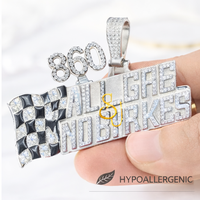 Collier Pendentif Drapeau de Course Personnalisé en Argent 925 avec Diamant Moissanite, Breloque Émail Bling Hip-Hop, Plaque Lettre Libre pour Motard/Cycliste, Rhodié