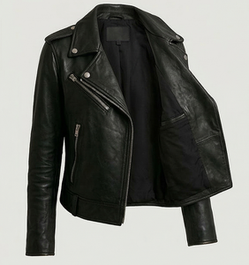 Chaqueta de Motociclista para Mujer, Negra, de Piel de Oveja Cruda, Premium, Corte Ajustado, Cierre Asimétrico, Acolchada, Resistente al Viento, Elegante, Invernal, Estilo Vanguardista - Product Image 1