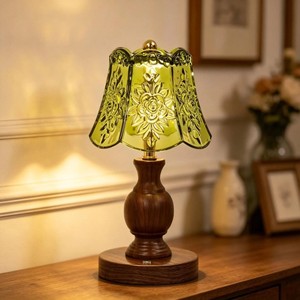 Traditional Wooden Table Lamp With Engraved Green Glass <b>Shade</b> Round Design For Indoor <b>Lighting</b> - Product Image 1
