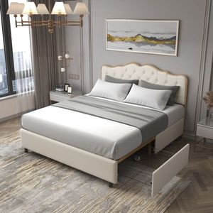 Letto Imbottito Classico con Schienale a Fibbia, Struttura in Metallo, Doghe in Legno Massello, Quattro Cassetti Contenitore, Elegante Comfort, Imbottitura Morbida in Spugna - Product Image 2