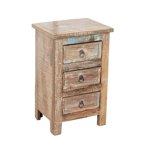 Table d'appoint rustique ancienne en bois à 3 tiroirs, meuble de rangement pour chevet, chambre à coucher, salon, entrée, maison de style farmhouse - Product Image 3