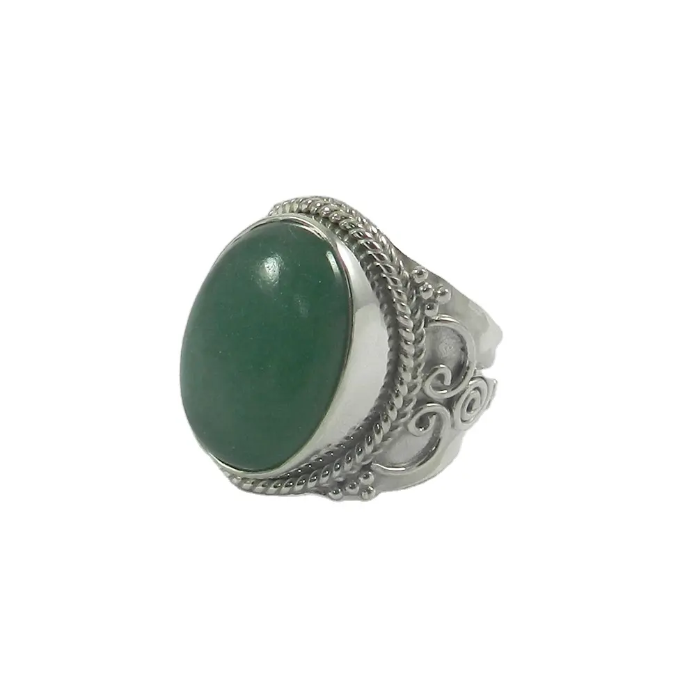 สีเขียว Aventurine พลอย925เงินสเตอร์ลิงที่เป็นของแข็งที่ทำด้วยมือชุดฝาแหวนปรับ