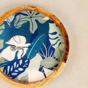 Bandeja Redonda de Madera de Mango con Resina Epoxi y Diseño de Hojas Botánicas Azules – Bandeja Decorativa de Madera para Servir Té, Café y Aperitivos - Product Image 2