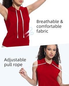 Camiseta sin Mangas con Capucha Roja para Mujer, con Bolsillos, Antiarrugas, Transpirable, Tejida, de Color Sólido, Estilo Casual, Ropa de Calle, para Verano - Product Image 6