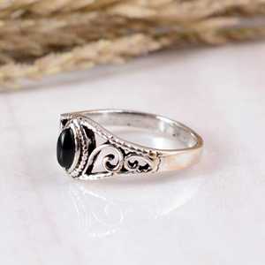 Vintage Victorian Style Black Obsidian Bezel Set Marquise <b>Solitaire</b> <b>Ring</b> Antique Finish 925 <b>Silver</b> Boho Chic Ethnic Artisan - Product Image 3