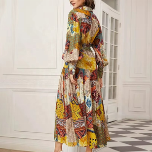 ชุดเดรสปีใหม่ เดรสแม็กซี่แบบเย็บปะติดปะต่อ แขนยาว ทรงเอไลน์ ชุดเดรสฤดูใบไม้ผลิสำหรับผู้หญิง - Product Image 4