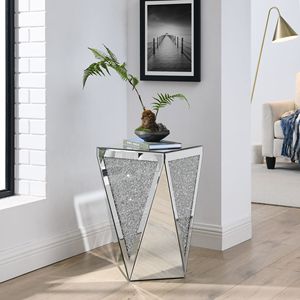 Inverted Triangular <b>Silver</b> Glass <b>Console</b> <b>Table</b> with Square Crystal Diamond Inlay for Corridors and L-Shaped Areas - Product Image 1