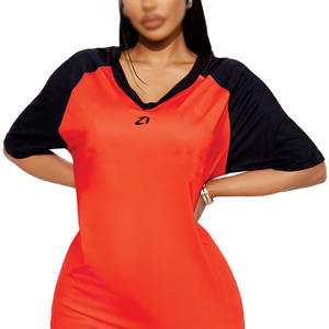 OEM Custom Women Red Black Contrast Raglan Sleeve Sports American Football Jersey Polyester V Neck <b>Athletic</b> Top Casual Teamwear - Product Image 6