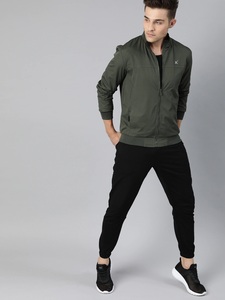 Men's Olive Green Bomber <b>Jacket</b> Stand Collar Zipper Front Casual Solid Color Slim Fit Breathable Polyester Autumn Wear - Product Image 1