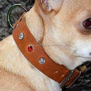 Collar de perro de cuero marrón extra ancho decorado con cristales multicolores redondos diamantes de imitación collar de mascota hardware de níquel - Product Image 5