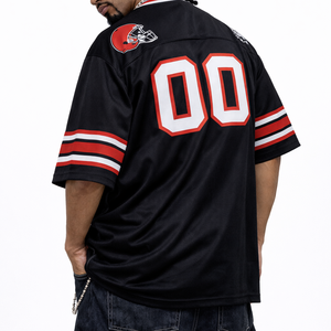 เสื้อฟุตบอลอเมริกันผู้ชายขนาดใหญ่พิเศษสีดำแดง คอวี ผ้าโพลีเอสเตอร์ตาข่าย ชุดทีม ผลิตตามสั่ง OEM ผลิตจำนวนมากจากโรงงาน - Product Image 2