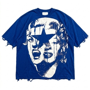 Camiseta Oversize de Cuello Redondo con Efecto Desgastado y Estampado Personalizado, Manga Corta, Tejido de Algodón Lavado, Estilo Urbano - Product Image 1