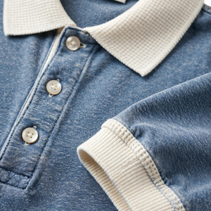 เสื้อเชิ้ตคอตั้งทรงโอเวอร์ไซส์สำหรับผู้ชาย ผ้าฝ้ายสีน้ำเงินล้วน แขนสั้น สไตล์ลำลอง ถักทอระบายอากาศได้ดี น้ำหนัก 180 กรัม ทรงหลวม - Product Image 4