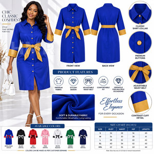 HMR Sorority Sisterhood Blue Faux Leather Blue Shirt <b>Dress</b> With Gold Contrast Cuffs And Belt Fitted Midi <b>Dress</b> <b>For</b> Office Wear - Product Image 6