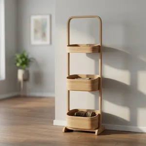 Étagère de rangement minimaliste en bois à 3 niveaux, porte-serviettes autoportant, organisateur gain de place pour salle de bain et placard - Product Image 6