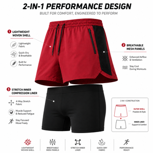 Men's Red Two <b>Layer</b> Sport Shorts With Drawstring And Zip Pockets Custom Logo Front - Product Image 2