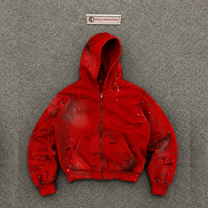 Sweat à capuche zippé rouge vieilli, surdimensionné, déchiré, clouté, effet éclaboussures de peinture, style grunge, streetwear, vintage, punk, à manches régulières - Product Image 5