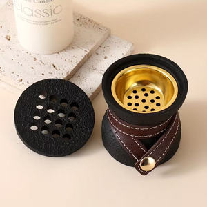 Wholesale Modern Round Dico Wood <b>Bakhoor</b> Burner Teal Blue Lacquer Finish Leather Wrap <b>Oud</b> Incense Holder Bulk Arabian Mabkhara - Product Image 3