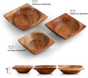ชุดชามไม้ทรงสี่เหลี่ยมซ้อนกันได้ ทำจากไม้กระถินเทศ 3 ใบ (ขนาด 8 นิ้ว, 7 นิ้ว, 6 นิ้ว) สำหรับใส่สลัด ของว่าง ถั่ว ซอส และอาหารเตรียม - Product Image 5