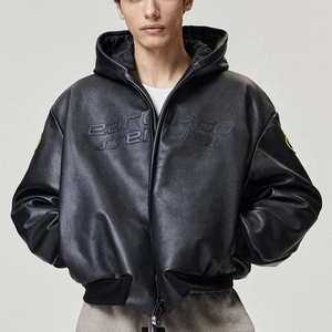 Blouson Bomber Homme Noir en Jean Respirant Coupe Ample Style Vintage avec Lettres Gaufrées Design Streetwear Fermeture Simple Boutonnage Hiver - Product Image 1