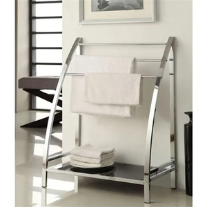 Toallero de pie de doble nivel con acabado dorado, organizador de almacenamiento para baño, diseño metálico de estilo moderno, para ropa de sala de estar - Product Image 2
