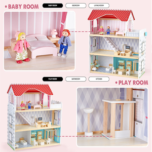 บ้านตุ๊กตาขนาดใหญ่ 3 ชั้น บ้านไม้สำหรับเด็กเล่นบทบาทสมมติ พร้อมเฟอร์นิเจอร์และอุปกรณ์เสริม - Product Image 2