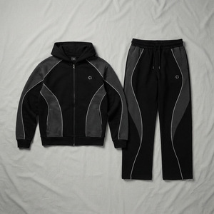 Sudadera con capucha oversize de corte regular con paneles en contraste y cremallera, pantalones de chándal de algodón de felpa de pierna recta personalizados, ropa deportiva casual Y2K - Product Image 4
