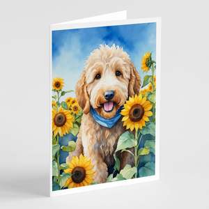 Whimsical A7 Tamaño 5x7 Tarjetas de notas en blanco Paquete de 8 Goldendoodle en girasoles Tarjetas de felicitación con sobres - Product Image 1