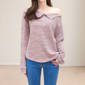 Haut en tricot pour femme à col Peter Pan, épaules dénudées, manches longues, design asymétrique, décontracté, automne, couleur unie, coton, fibre de bambou - Product Image 5