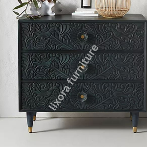 Luxury Handcrafted Solid Wood 3 Drawer Dresser Ornate Peacock Floral Vine Carving Matte Black Finish - Product Image 4