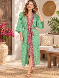 Bata cruzada con cuello en V y estampado floral para mujer, mangas tres cuartos, cierre con cordón de longitud completa, ropa informal de verano - Product Image 2