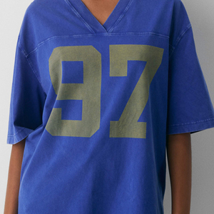 Camiseta de Hip-Hop Personalizada con Logotipo, Azul Sólido, Estilo Vintage Lavado, Holgada, Casual, para Hombre y Mujer, 100% Algodón, Cuello en V, Manga Corta - Product Image 5
