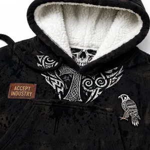 ACCEPT INDUSTRY New <b>Men's</b> Black Acid Wash <b>Sherpa</b> Lined Skull Cross Graphic <b>Hoodie</b> Gothic Style Fleece Winter Wear Hoody - Product Image 5