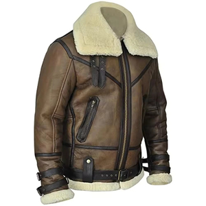 Blouson aviateur en cuir véritable marron pour homme, col rabattable, fermeture éclair, doublure en fausse fourrure, coupe-vent, style moto d'hiver - Product Image 3