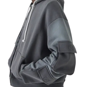 Custom Men’s Boxy Full <b>Zip</b> Hoodie Utility Sleeve Pocket Drawstring <b>Hood</b> Relaxed Urban <b>Zip</b> Up Sweatshirt Manufacturer - Product Image 5