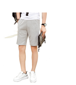 Shorts Bermuda décontractés gris unis pour hommes, taille mi-haute, élastiques, respirants, en coton tricoté avec poches - Product Image 1