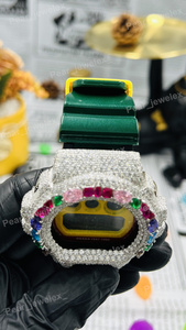 Montre unisexe de luxe avec boîtier rond en argent 925, sertie de diamants Moissanite VVS, cadran jaune et bracelet vert - Product Image 3