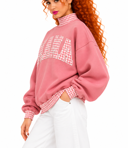 Sweat-shirt surdimensionné personnalisé pour femme, col montant, motif écossais rose, broderie lettre appliquée, en molleton de coton, vente en gros - Product Image 4
