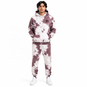 Sudadera con capucha y pantalón de chándal de felpa con hombros caídos y efecto tie-dye, 100% algodón, corte holgado, transpirable, conjunto deportivo informal, proveedor mayorista - Product Image 1
