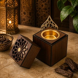 Brûleur Mabkhara en bois sculpté de designer avec bol en laiton, porte-encens Oud Bakhoor, encensoir à charbon, accessoire d'aromathérapie arabe pour la maison - Product Image 5